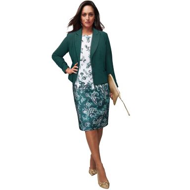 Jessica London Stretch Crepe Single-Breasted Jacket Dress - 12 W, Emerald Green Paisley