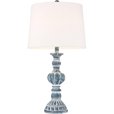 Blue Washed Polyresin Table Lamps with White Shades, Set of 2