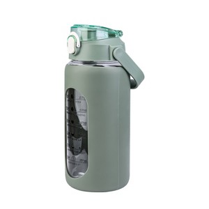 NewHome "34oz Motivational Glass Water Bottle with Time Markers, Straw, Silicone Sleeve & Handle for Gym" Green - 1 of 4