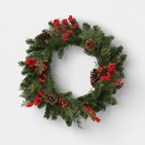 28" Mixed Greenery and Cedar with Pinecones and Red Berries Artificial Christmas Wreath Green - Wondershop™: Unlit, Indoor/Outdoor Use - 1 of 3