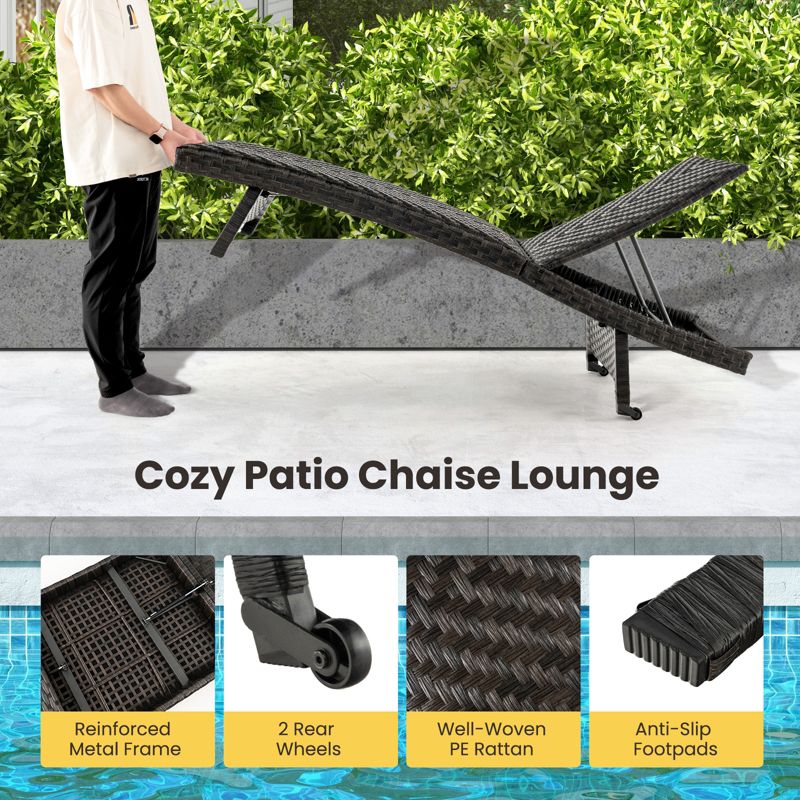 Costway Folding Patio Chaise Lounge Chair Outdoor Rattan Adjustable Recliner Quick Dry Foam, 5 of 9