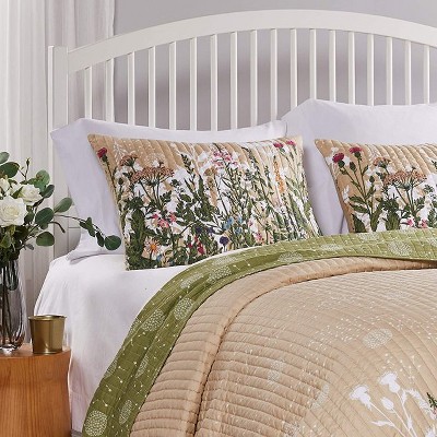 King Size Beige and Green Cotton Polyester Pillow Sham