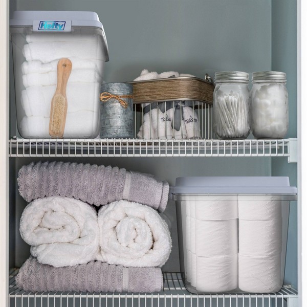 Tina de almacenamiento de plástico transparente Hefty 32qt con tapa apilable gris HI-RISE: asas de cierre, botes universales de utilidad 8