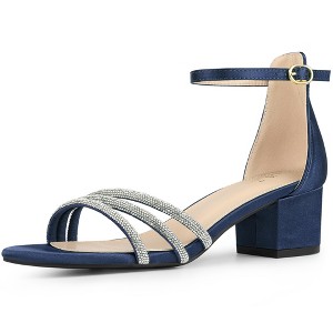 Perphy Women's Satin Rhinestone Buckle Ankle Strap Chunky Heel Sandals - 1 of 3