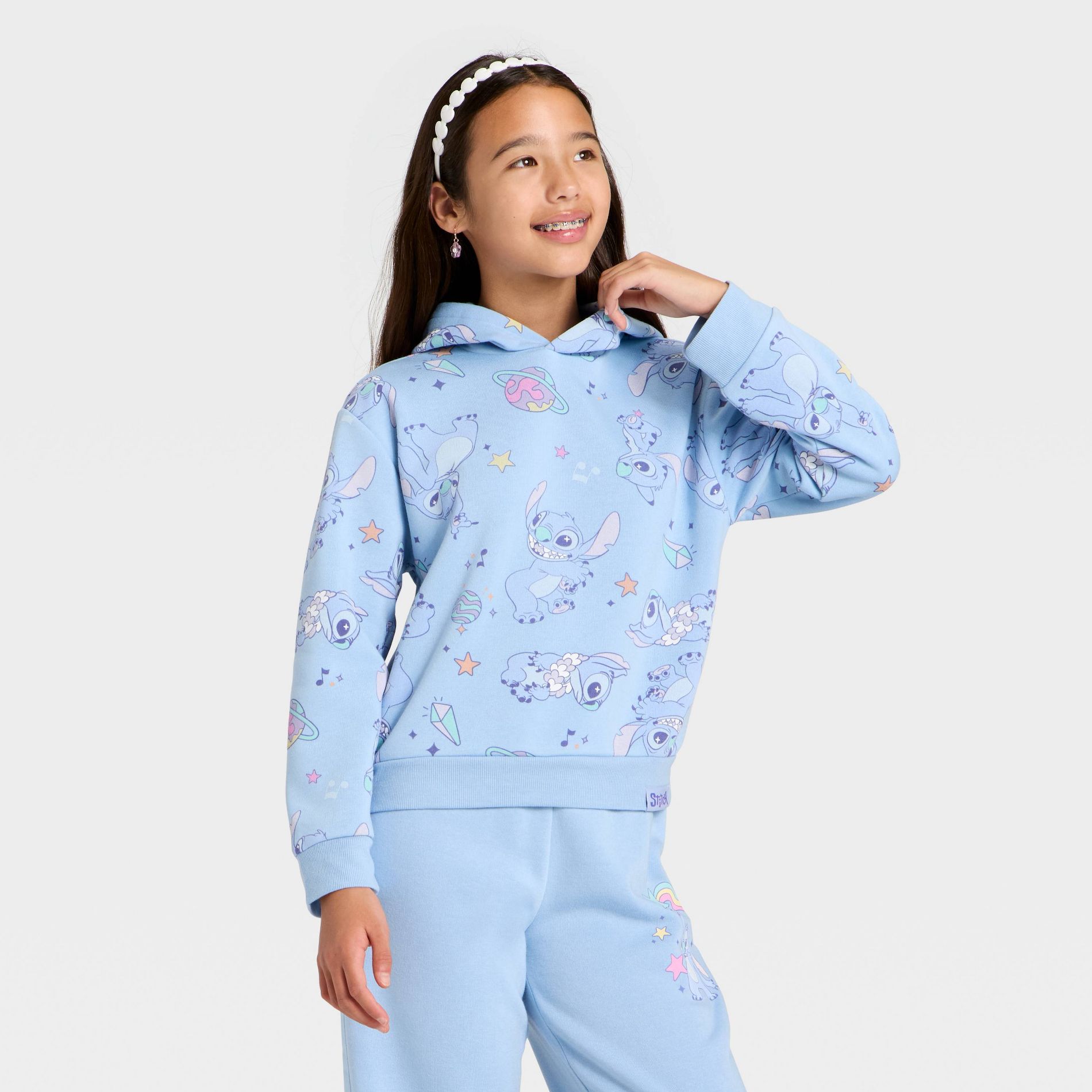 Girls' Disney Stitch Hooded Fleece Sweatshirt - Aqua Blue