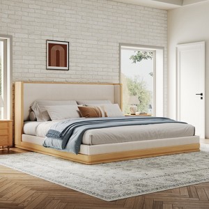 Queen/King Size Upholstered Platform Bed Frame with Headboard, Beige&Natural - ModernLuxe - 1 of 4