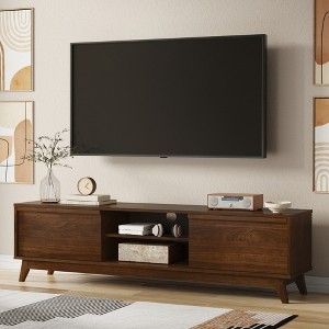 72" Solid Wood Mid-Century Modern Low TV Stand with Cord Management, Sliding Cabinet Doors and Adjustable Shelf for Living Room and Bedroom - 1 of 4