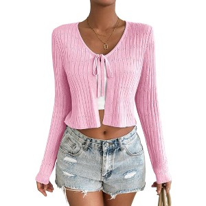 BLUEMING Summer Cardigan Sweaters for Women Cropped Lightweight Front Tie Cardigan with Eyelet Knit Rib Texture Caridigan - 1 of 4