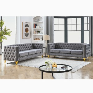 Ridstar 2 Piece 3 Ssat Modern Velvet Buttons Tufted Sofa with Metal Legs & Arm Couch For Living Room & Office-Grey - 1 of 4