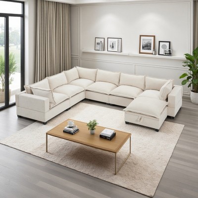 118" Chenille U-Shaped Modular Sectional Sofa with Storage Ottoman