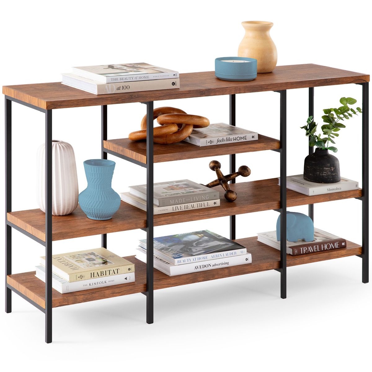Best Choice Products 55in Industrial 4-Tier Console Table w/ Tall Shelves, Metal Frame - Brown