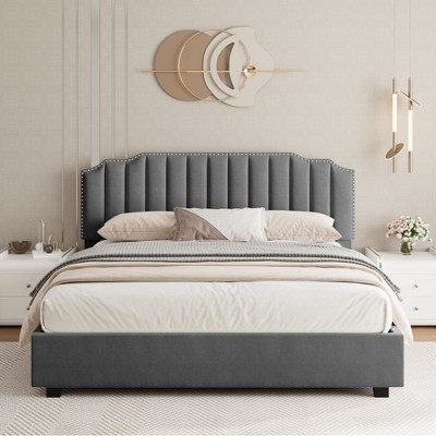 NicBex Full/Twin Size Lift-up Storage Bed Frame with Velvet Headboard,LED Lights and Charging Station