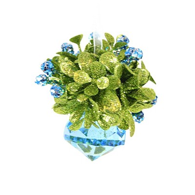 Blue and Green Glitter Mistletoe Jewel Ornament, 2.75 Inches