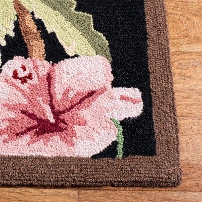 Handmade Black Wool Floral Runner Rug with Parrot Design