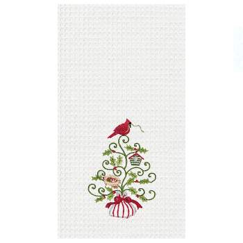 Red Cardinal Bird Embroidered White Kitchen Waffle Weave Terry