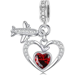 Sterling Silver Birthstone Heart & Airplane Charm, Travel-Themed Jewelry Gift for Women - 1 of 4