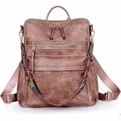 Women Backpack Purse Fashion Leather Designer Ladies Convertible School College Shoulder Bags with Colorful Strap, Pink