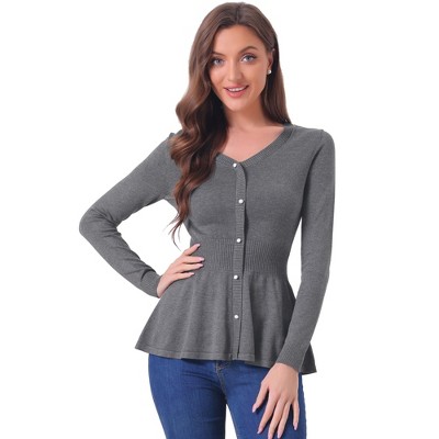 Allegra K Women's Slim Fit V-Neck Long Sleeve Ribbed Pullover Knitted Peplum Sweater