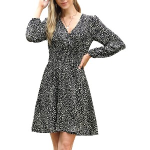 Women's Long Sleeve Smocked Mini Dress Leopard Print Waist Wrap V Neck Chiffon Casual Work Party Dress - 1 of 4