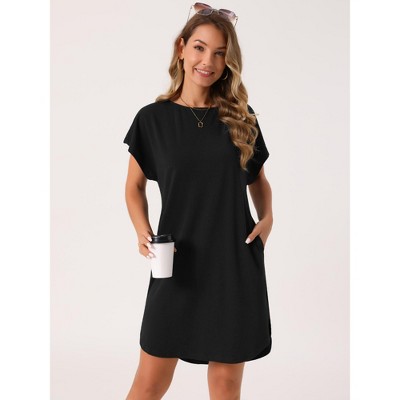 Женские платья INSPIRE CHIC Women's Summer Short Sleeve Casual Crew Neck with Pockets Roll Hem Mini Dress Black Large — фото 3