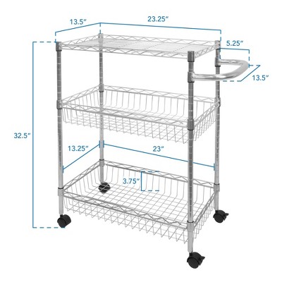 Silver 3-Tier Steel Rolling Utility Cart with Lockable Wheels