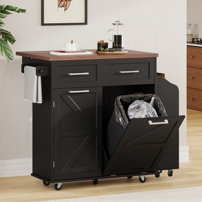 JUJABU 47.2" Farmhouse Kitchen Island with Drop Leaf - Removable Side Racks, 2 Drawers, Rolling Cart, Towel Rack