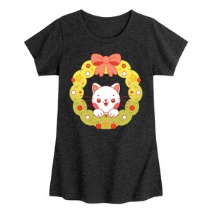 Girls' - Instant Message - Christmas Chibi Cat Wreath Fitted Short Sleeve Graphic T-Shirt - 1 of 4