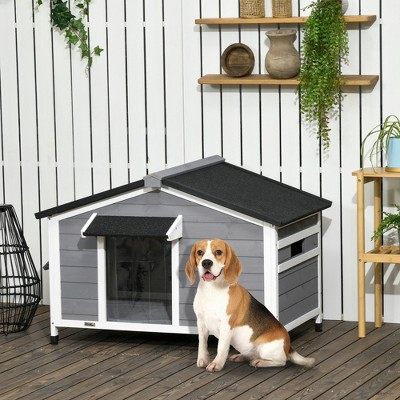 Gray Wooden Cabin Style Raised Dog House with Openable Roof