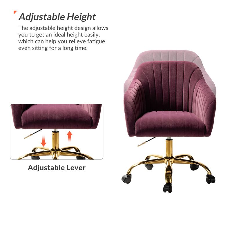 Alex Velvet Height-adjustable Swivel Task Office Chair with Channel-tufted Back and Gold Metal Base | Karat Home, 4 of 18