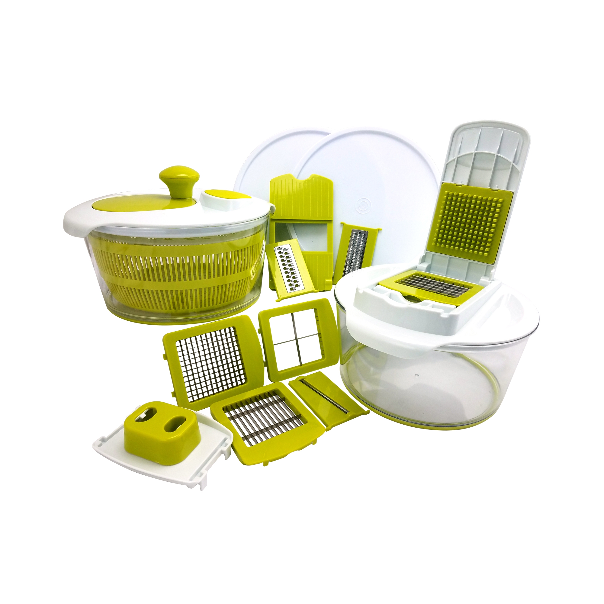 MegaChef 10 in 1 Multi-Use Salad Spinning Slicer Dicer and Chopper with Interchangeable Blades and Storage Lids