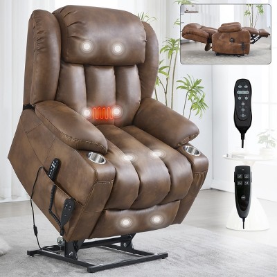 Coolbibila Large Power Lift Recliner Chair,Faux Leather Recliner Chair With Vibration Massage And Lumbar Heating,Stainless Steel Cup Holders