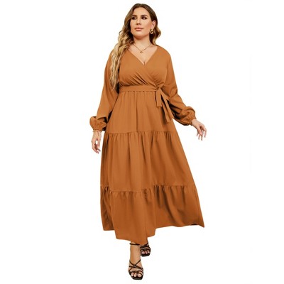 Clearlove Women's Plus Size V-Neck Long Sleeves A-Line Pleated Floor Length Formal Dress