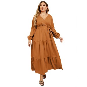 Clearlove Women's Plus Size V-Neck Long Sleeves A-Line Pleated Floor Length Formal Dress - 1 of 4