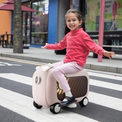 Infurnic Luggage Kid's Ride-On Suitcase, Dual-Purpose Travel Toy, High-Grade ABS, Adjustable Strap, Perfect for Trips, Pink, 18.7"*14"*12.6"