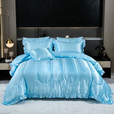 Silky Satin Comforter Set with Sheet Set, Ruffle Pinch Pleat Bedding, Luxury Soft Hotel Satin Quilt Set with Cushion Cover
