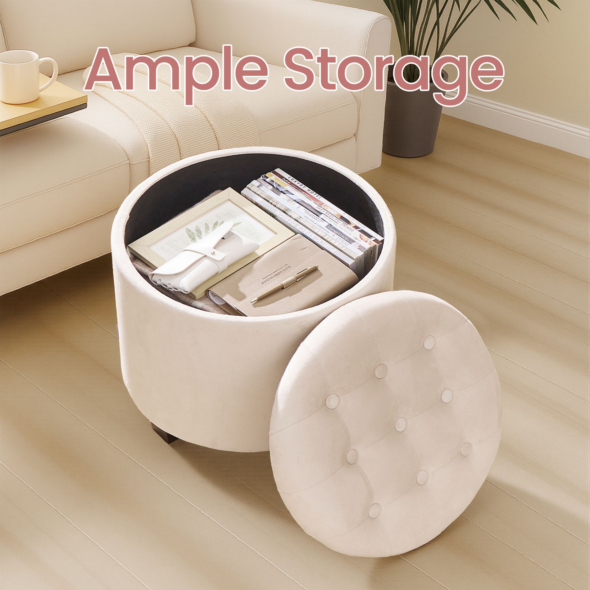 LEDREM Round Ottoman, Ottoman with Storage, Foot Rest with Legs, Velvet, for Living Room, Bedroom, Beige and Black