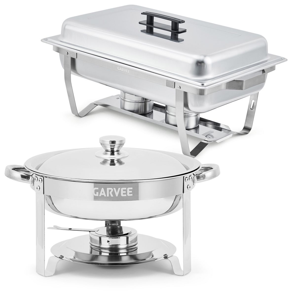 Chafing Dish Buffet Set, 8 Qt Rectangle & 5 Qt Round Stainless Steel Chafers and Food Warmer Sets with Lid, Food & Water Pan and Fuel Holder - thumbnail 2