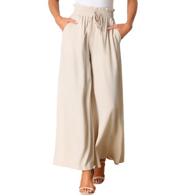 Allegra K Women's Casual High Waist Drawstring Loose Fit Pocket Wide Leg  Pants Apricot Large