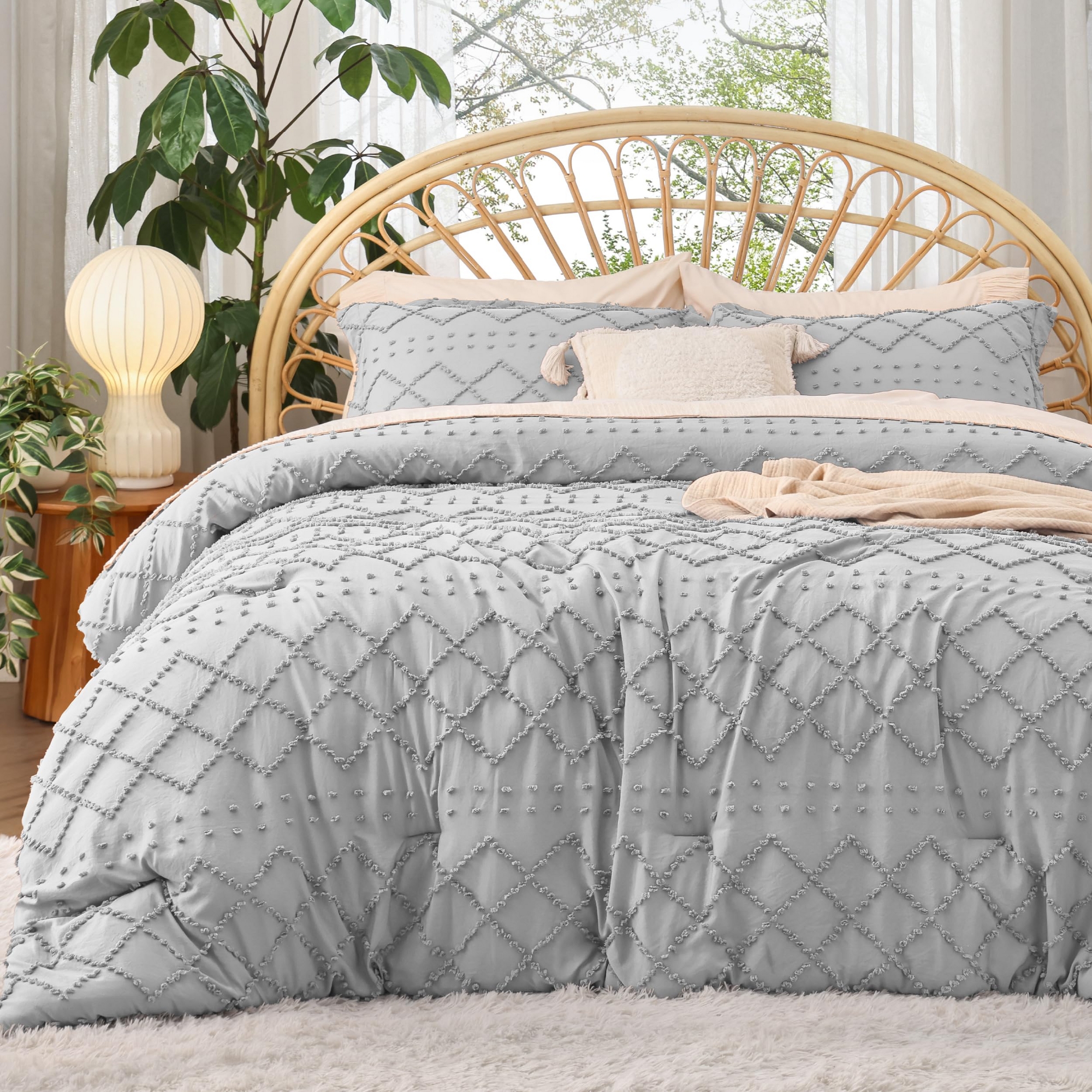 Queen Comforter Set -Comforter Set Solid Embroidery 3pcs Queen Size Light Grey