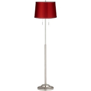 360 Lighting Abba Modern Floor Lamp Standing 66" Tall Brushed Nickel Silver Metal Red Satin Tapered Drum Shade for Living Room Bedroom Office House - 1 of 4