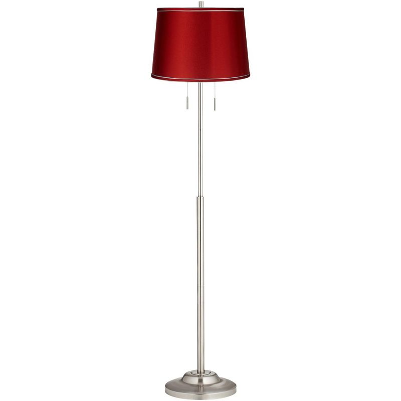 360 Lighting Abba Modern Floor Lamp Standing 66" Tall Brushed Nickel Silver Metal Red Satin Tapered Drum Shade for Living Room Bedroom Office House, 1 of 5