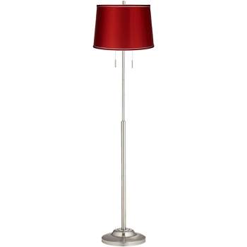 360 Lighting Abba Modern Floor Lamp Standing 66" Tall Brushed Nickel Silver Metal Red Satin Tapered Drum Shade for Living Room Bedroom Office House
