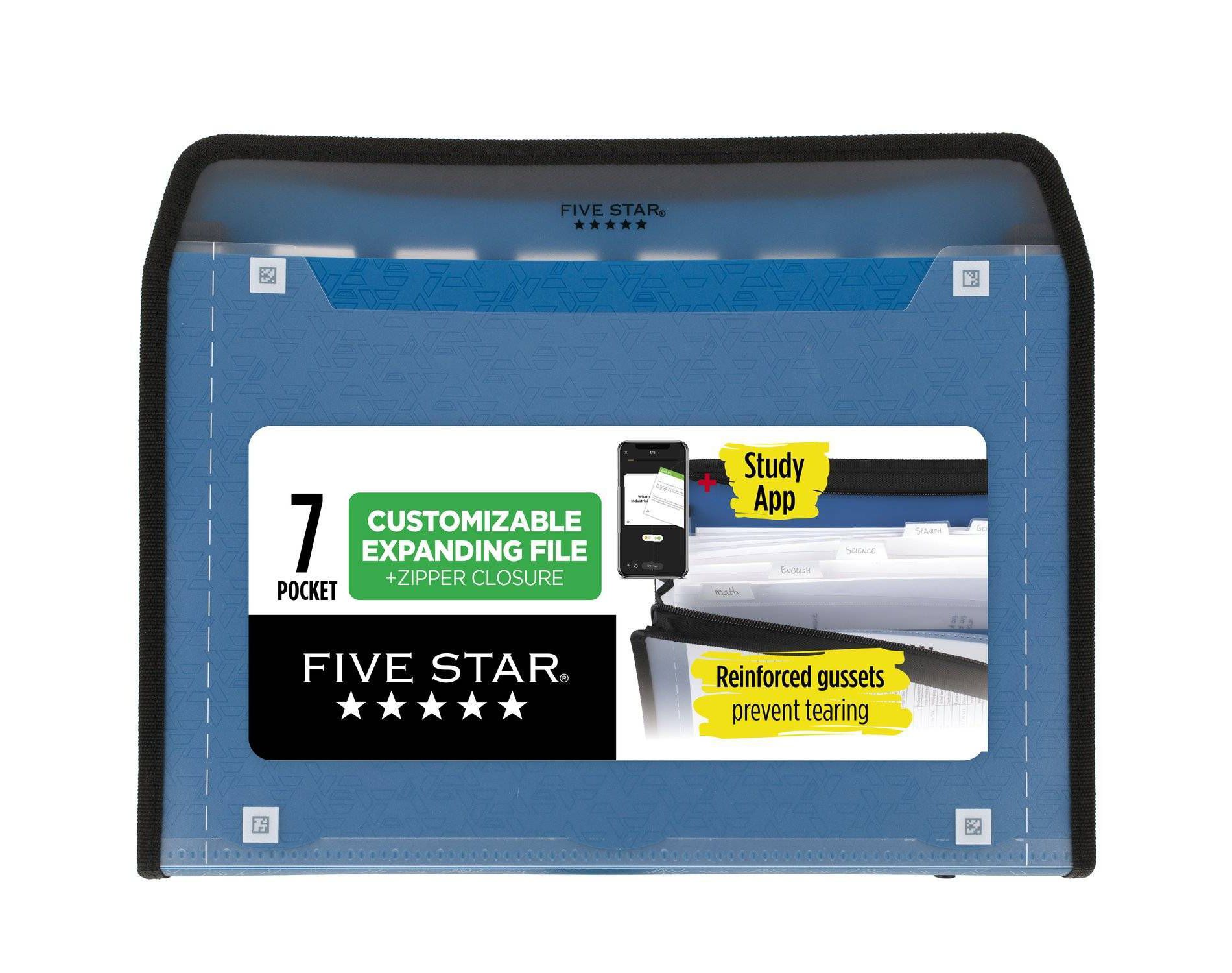 Five Star 7pkt Zipper Expanding File with Study App Pacific Blue: Expandable File Organizer, 7 Compartments, Polypropylene