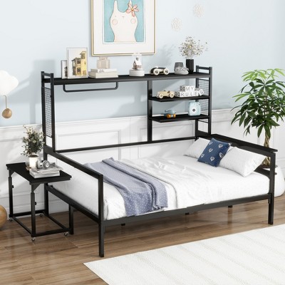 ALEXOUN Metal Bed with Movable Desk,Metal Day Bed Frame with Metal Grid & Clothes Hanger,Space Saving,No Box Spring Needed
