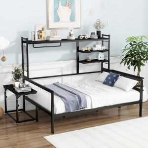 ALEXOUN Metal Bed with Movable Desk,Metal Day Bed Frame with Metal Grid & Clothes Hanger,Space Saving,No Box Spring Needed - 1 of 4