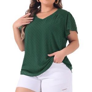 Agnes Orinda Women's Plus Size Pin Dots V Neck Smocked Bell Short Sleeve Top - 1 of 4