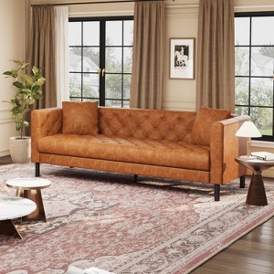 81" Mid-Century Modern Leather Chesterfield Sofa - 3-Seater with Deep Seats, Button Tufted & 2 Pillows | For Living Room, Apartment, Office - 1 of 4