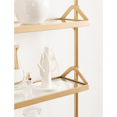 Gold Metal Three-Tier Floating Wall Shelf with Glass