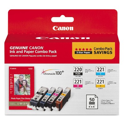 Canon 2945B011 (PGI-220/CLI-221) Ink/Paper Combo Black/Cyan/Magenta/Yellow