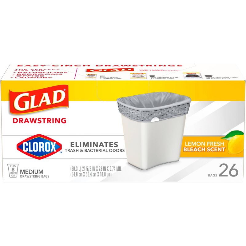 Glad Drawstring Medium Trash Bags - Lemon Fresh Bleach - 8 Gallon - 26ct, 5 of 12